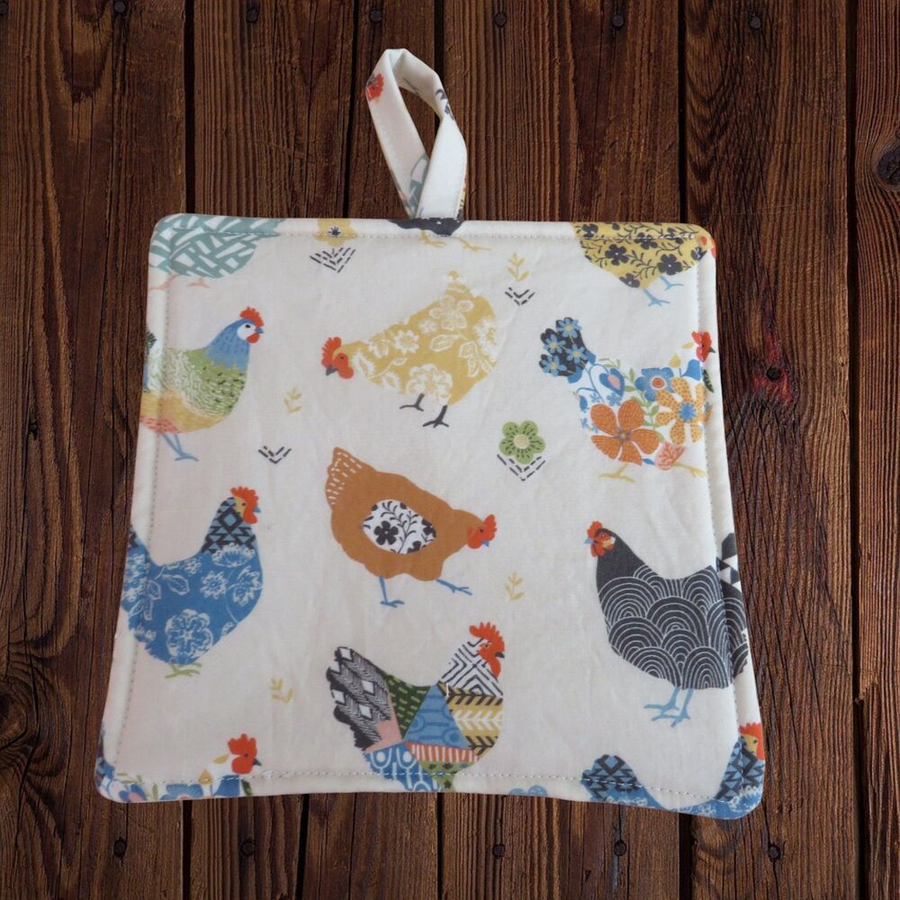 Handmade Potholder, Colorful Chickens